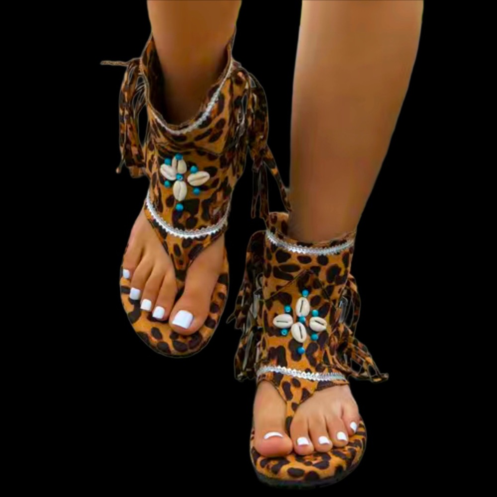 Fringed Leopard Print Puka Shell & Pull -On Buckle Sandals - Picture 2 of 6
